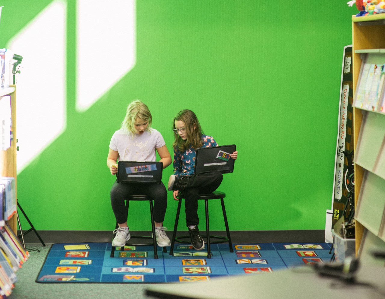 Two AEES students collaborating in the library.